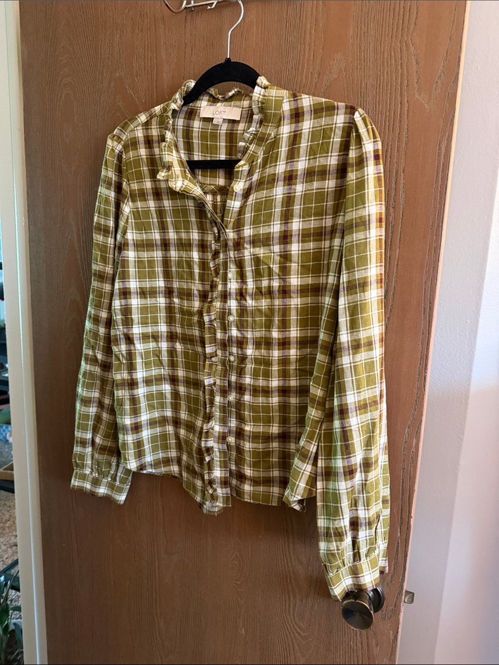 LOFT Olive and White Plaid Ruffle-Front Blouse